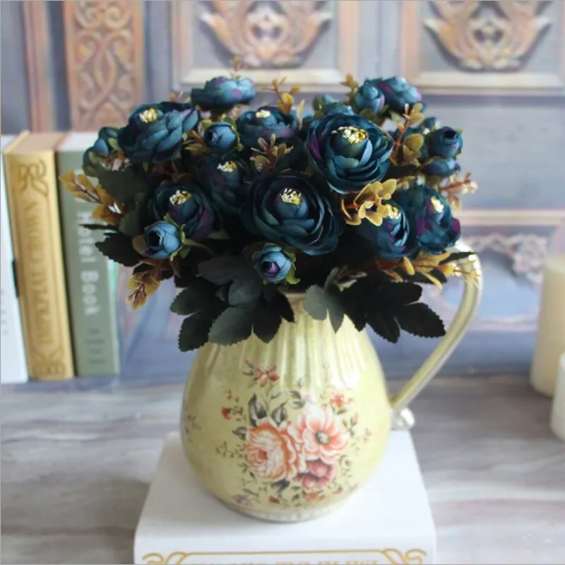 9 heads/1 bundle Artificial Silk Tea Roses Flower Bride Bouquet For Christmas Home Wedding Decoration Cheap Fake Flowers Plants