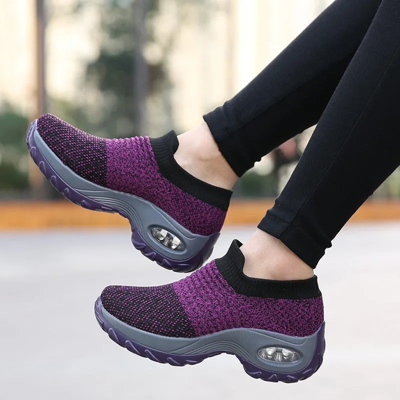 Women Sneakers Thick Bottom Wedge Shoes Women Platform Sports Shoes Elastic Fabric Sock Women Casual Shoes Red Tennis Female