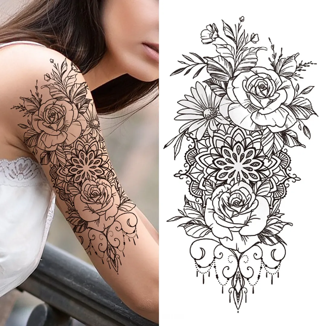 Lily Chains Flower Temporary Tattoos For Women Girl Black Butterfly Dream Catcher Tattoo Sticker Fake Rose Sexy Tatoos Back Body 1108