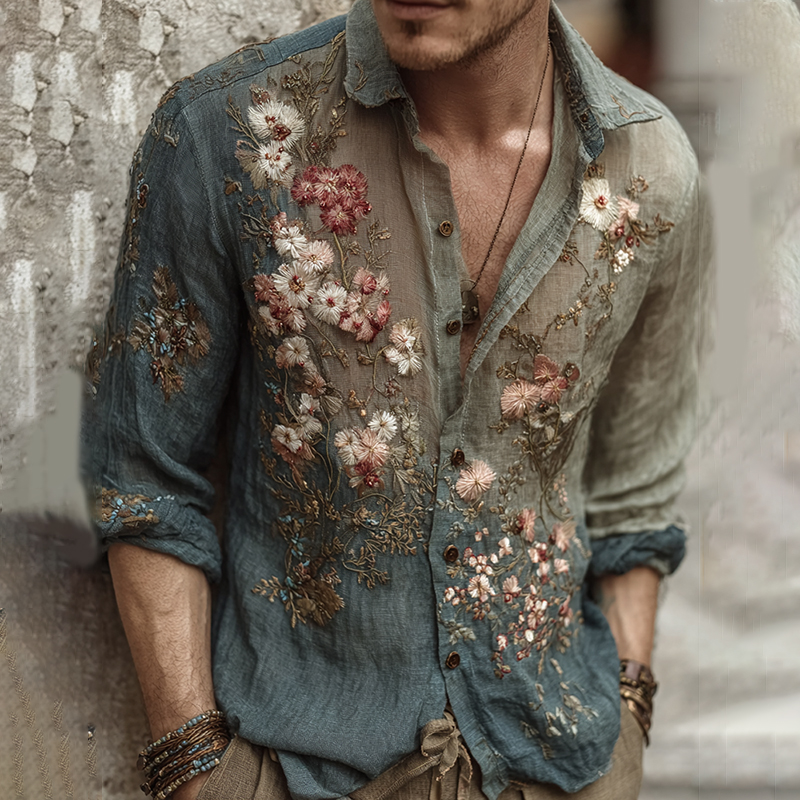 Men's Vintage Flower Embroidery Art Linen Blend Shirt  artssus