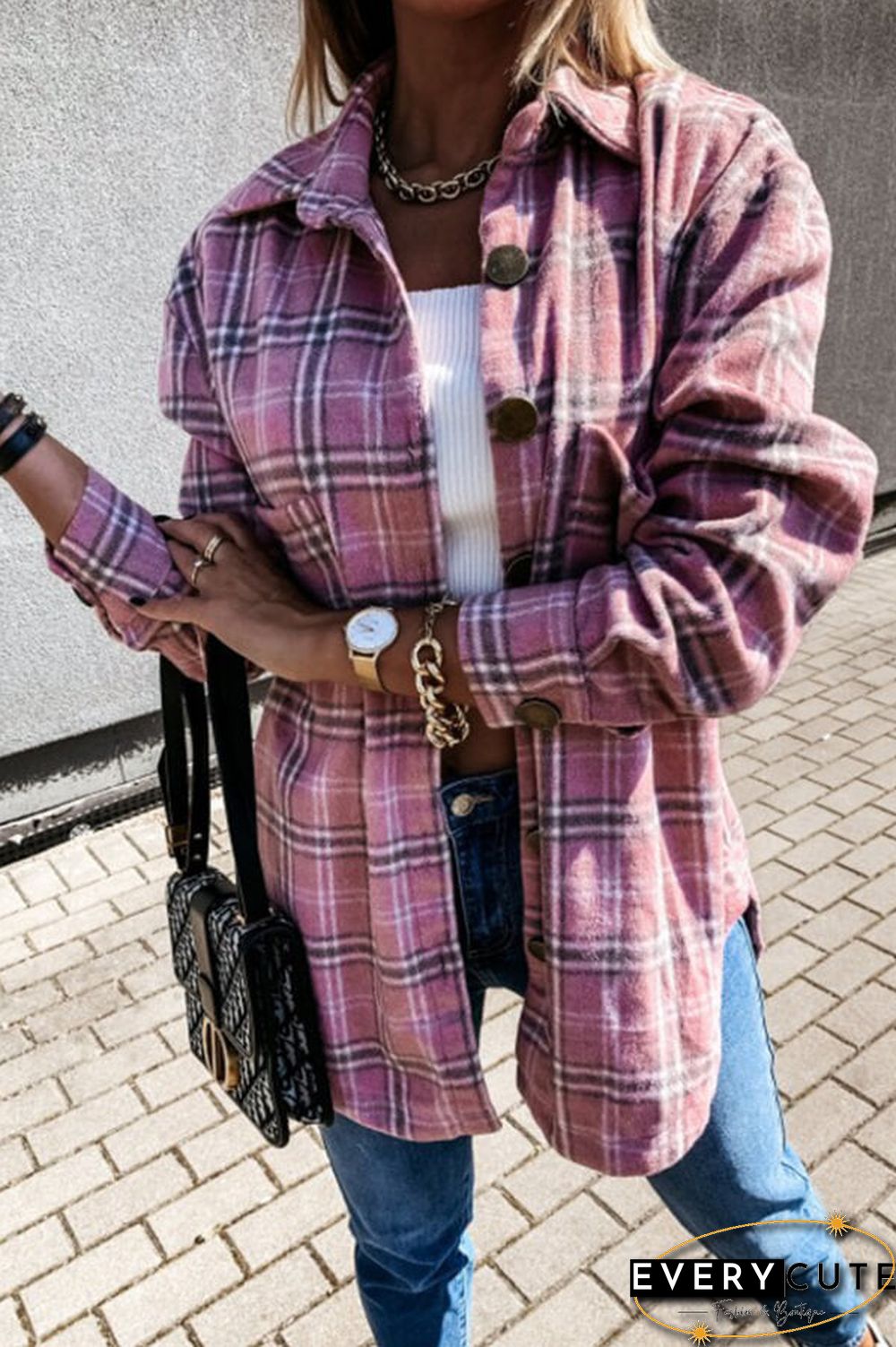 Fashion Casual Plaid Splicing Button Pocket Shirt