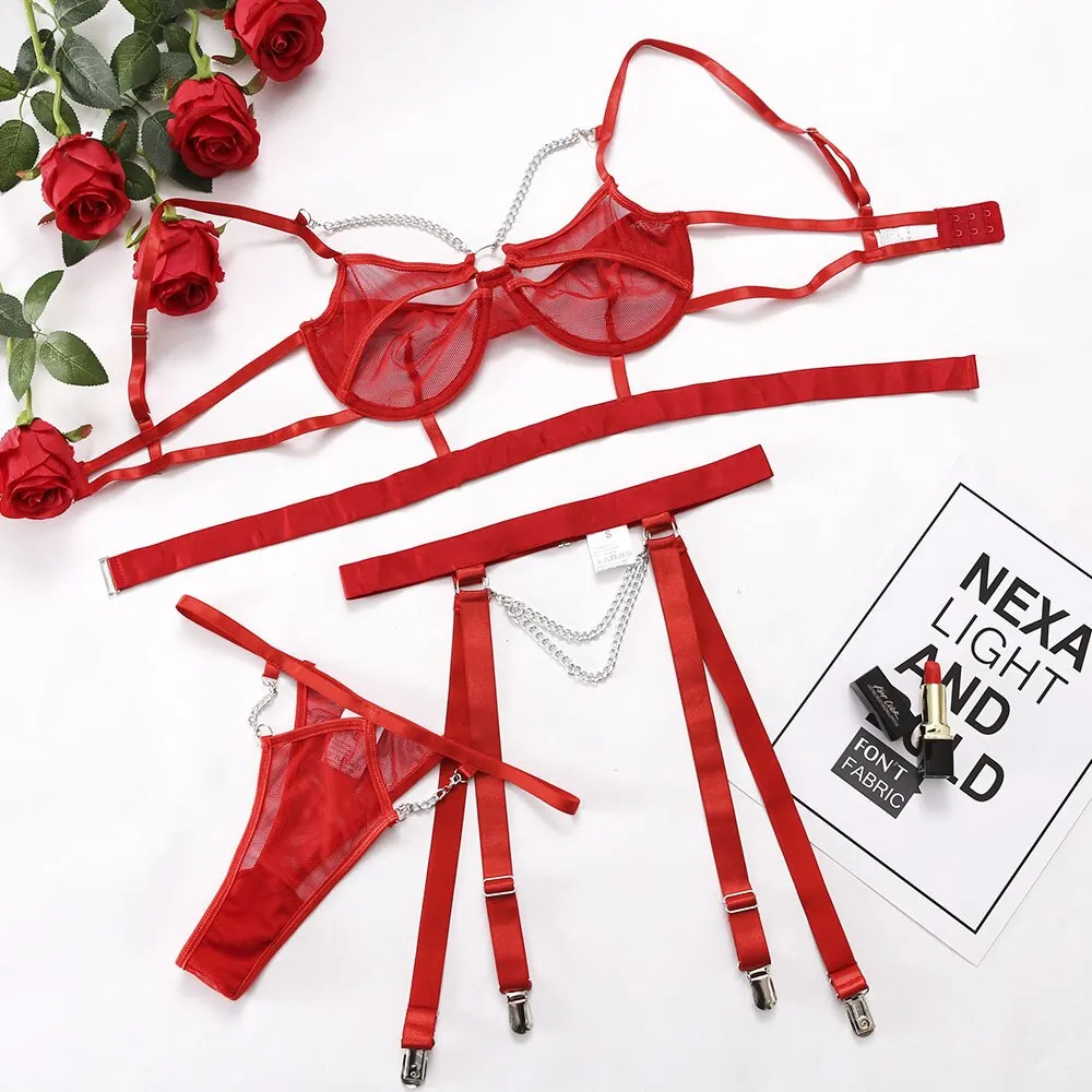 MIRABELLE Sensual Lingerie With Chain Sexy Hollow Out Bra See Through Lace Underwear Thong Set Woman 3 Pieces Exotic Sets