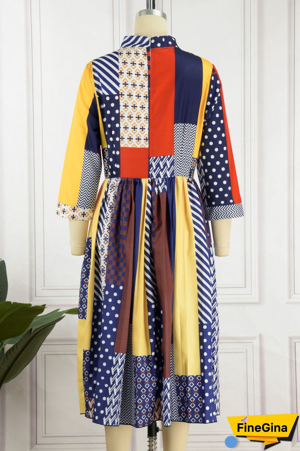 Blue Casual Elegant Print Patchwork Fold Ribbon Collar Straight Dresses