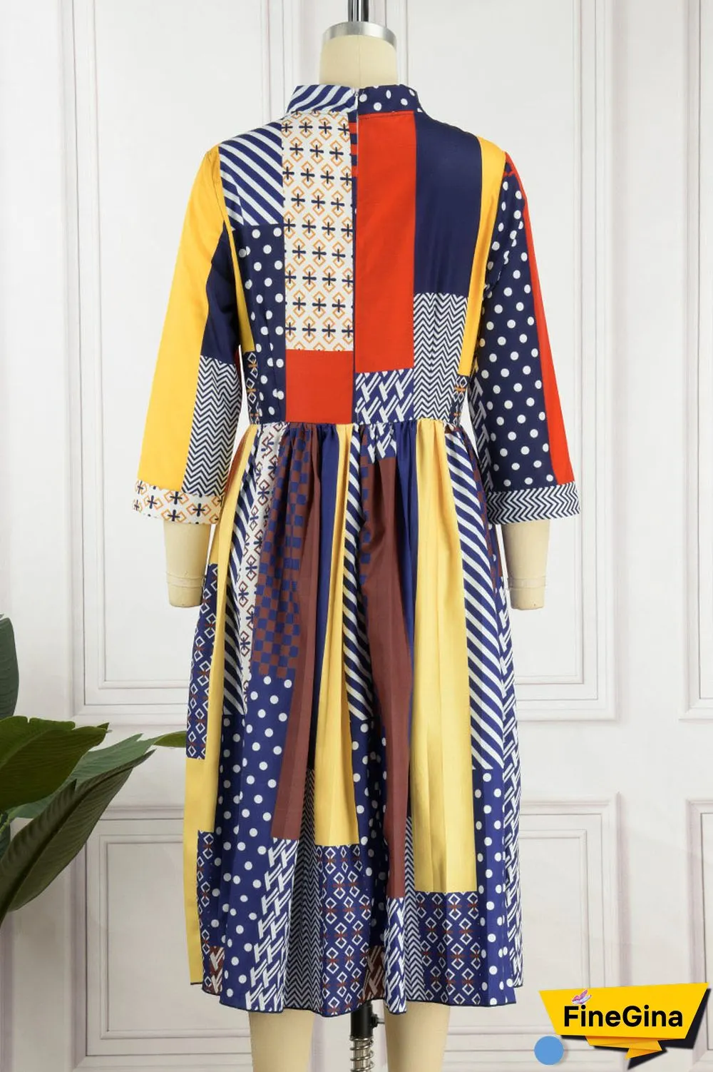 Blue Casual Elegant Print Patchwork Fold Ribbon Collar Straight Dresses