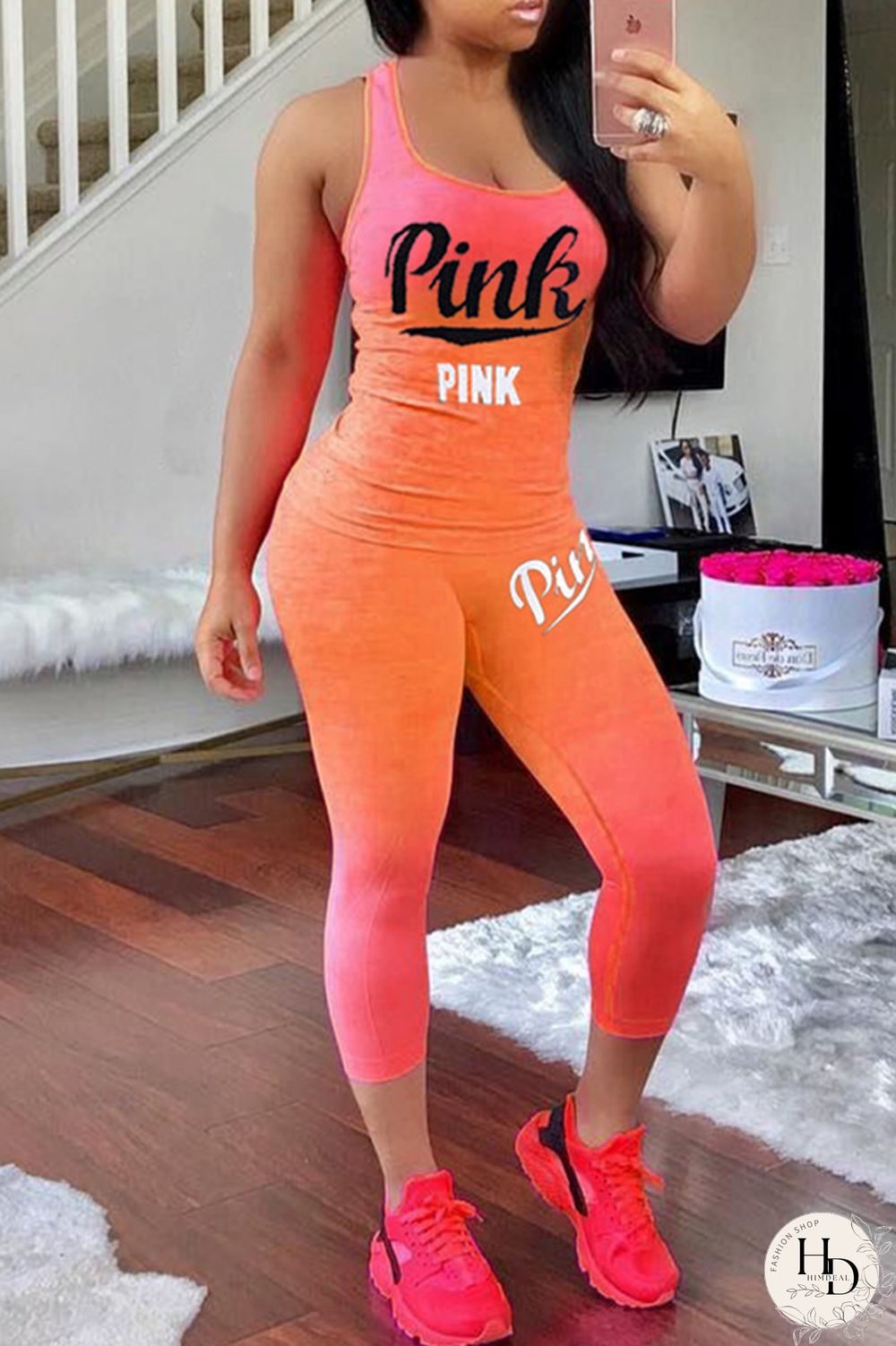Rose Red Fashion Sportswear Letter Print Basic O Neck Sleeveless Two Pieces