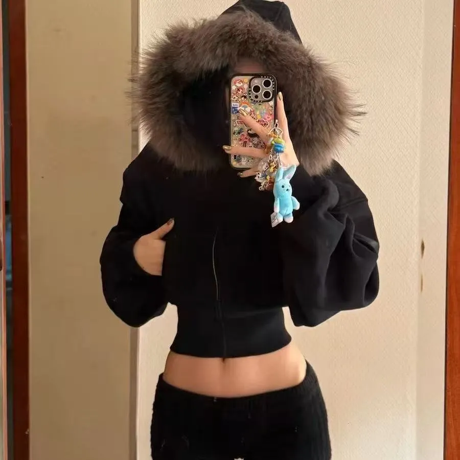 Nigikala Nigikala New Wool Collar Hoodie Jacket Zipper Spring And Autumn Short Design Top Short Coat