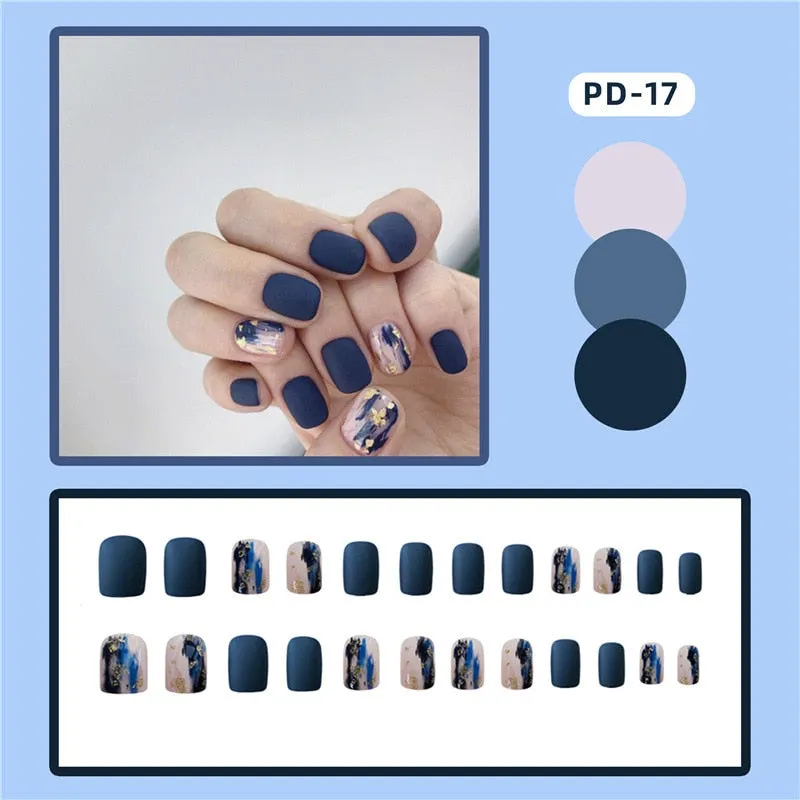 24pcs/box Blue Dye With Sequins Decorated press on nail tips Frosted Square Head Short Wearable Full Cover fake nails with glue-Nail Inspo