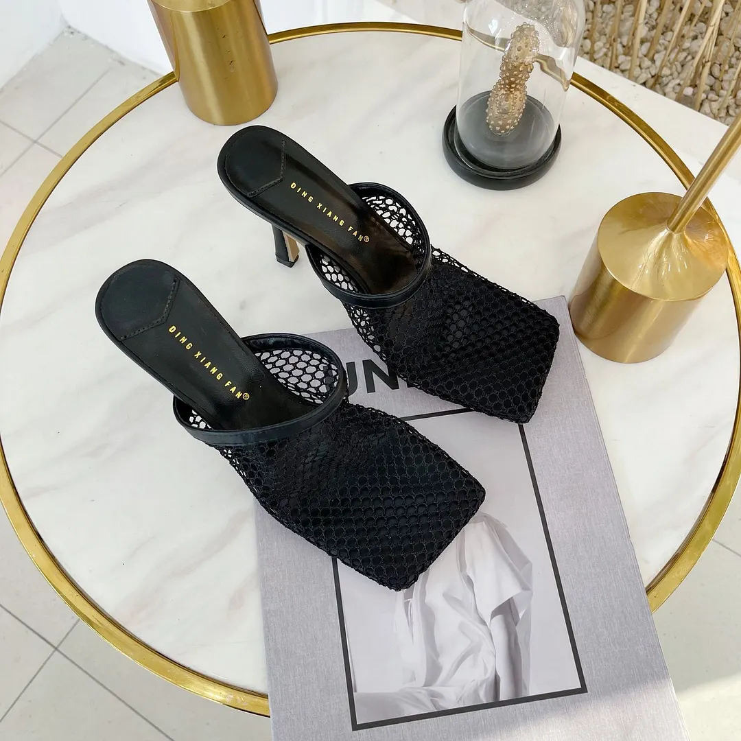 Fujin 9cm Summer Autumn Sexy Mesh Pumps Sandals Female Square Toe High Heel Chain Stiletto Hollow Party Dress Pumps Shoe Sandals