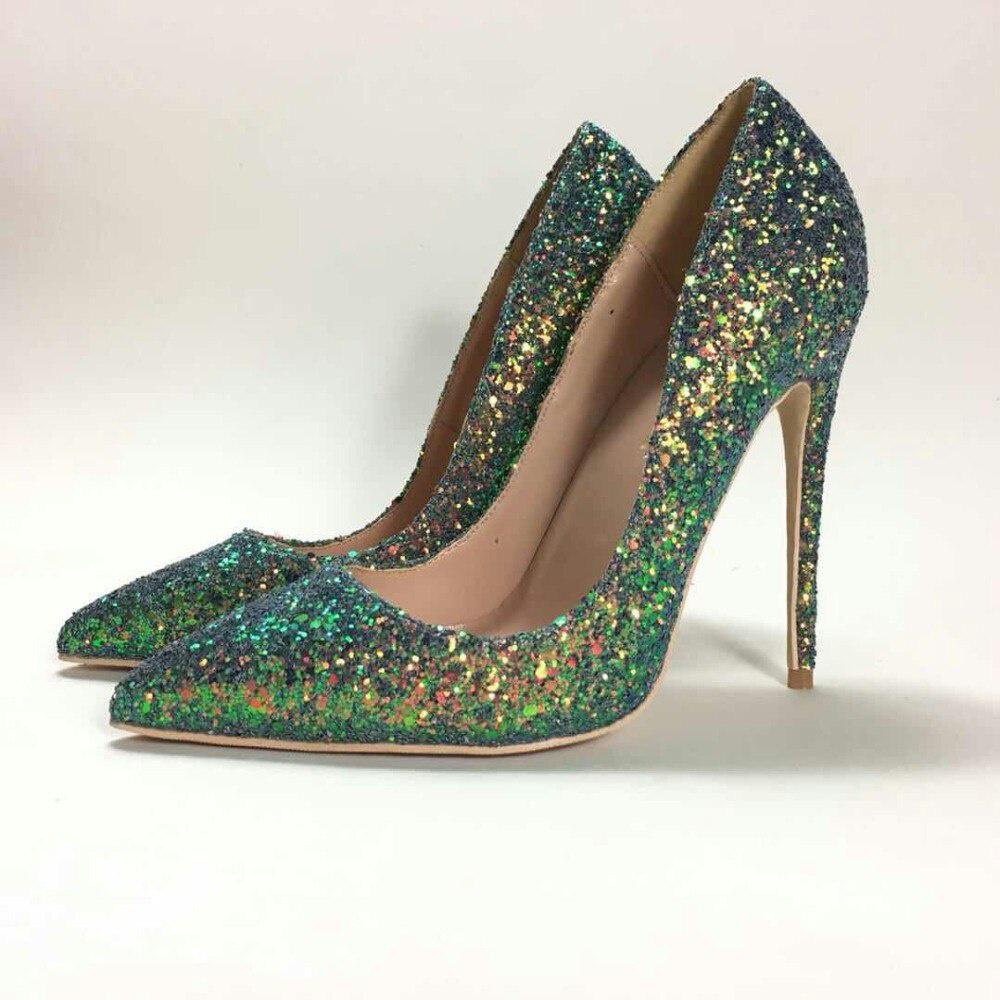 GOOSHOE Green Glitter Bling Bling Shoes 12cm High Heel Pumps Stiletto Heels Women Plus Size 45