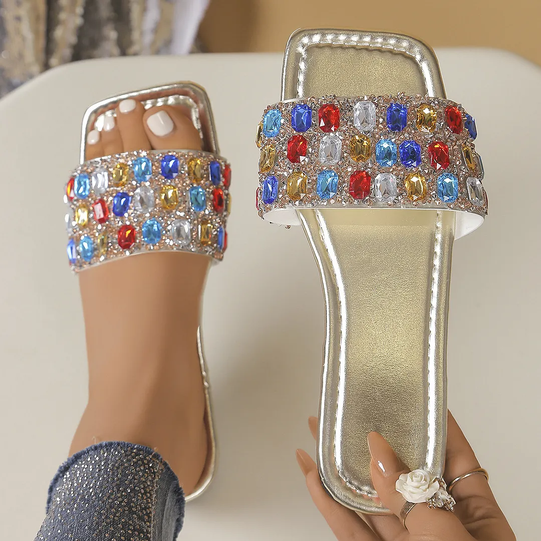Breakj Breakj Slippers Women Wear The New Summer 2025 Summer New Fashion Water Drill Square Beach Cold Slippers Women