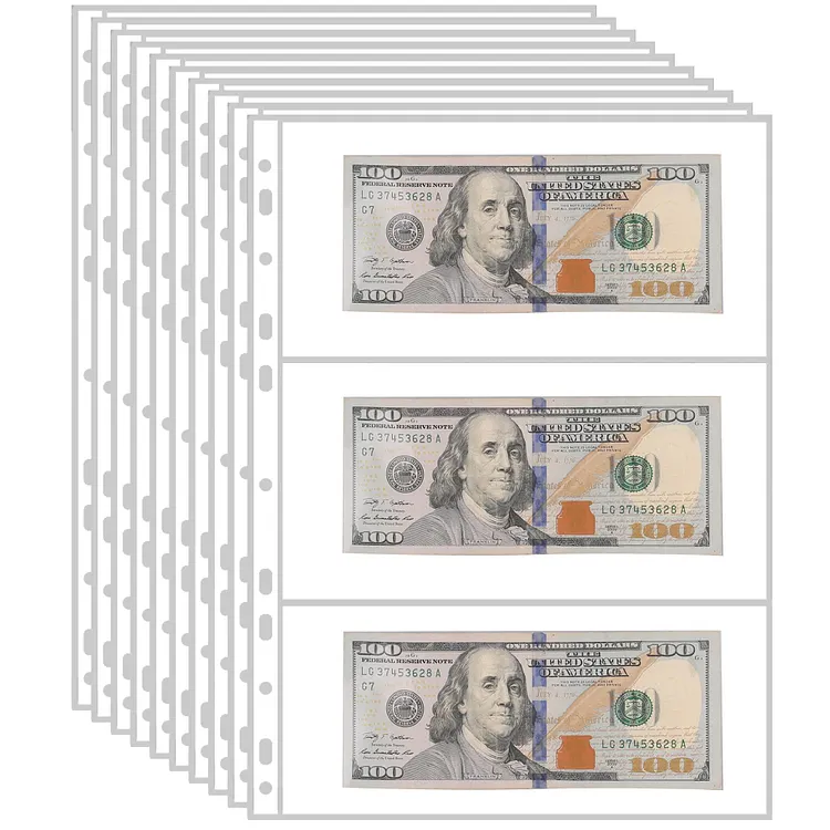 3 Pockets Currency Collection Sleeves,10 Sheets Standard 9-Hole Money Paper Collecting Pages for Currency,Bill,Money and Paper