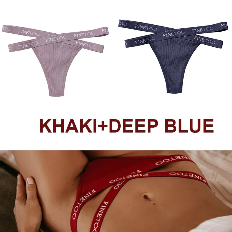 FINETOO 2PCS/Set Women's Cotton G-string Sexy Cross Strap Panties Letter Waisted Underwear Thongs Femme Hollow Out Lady Briefs