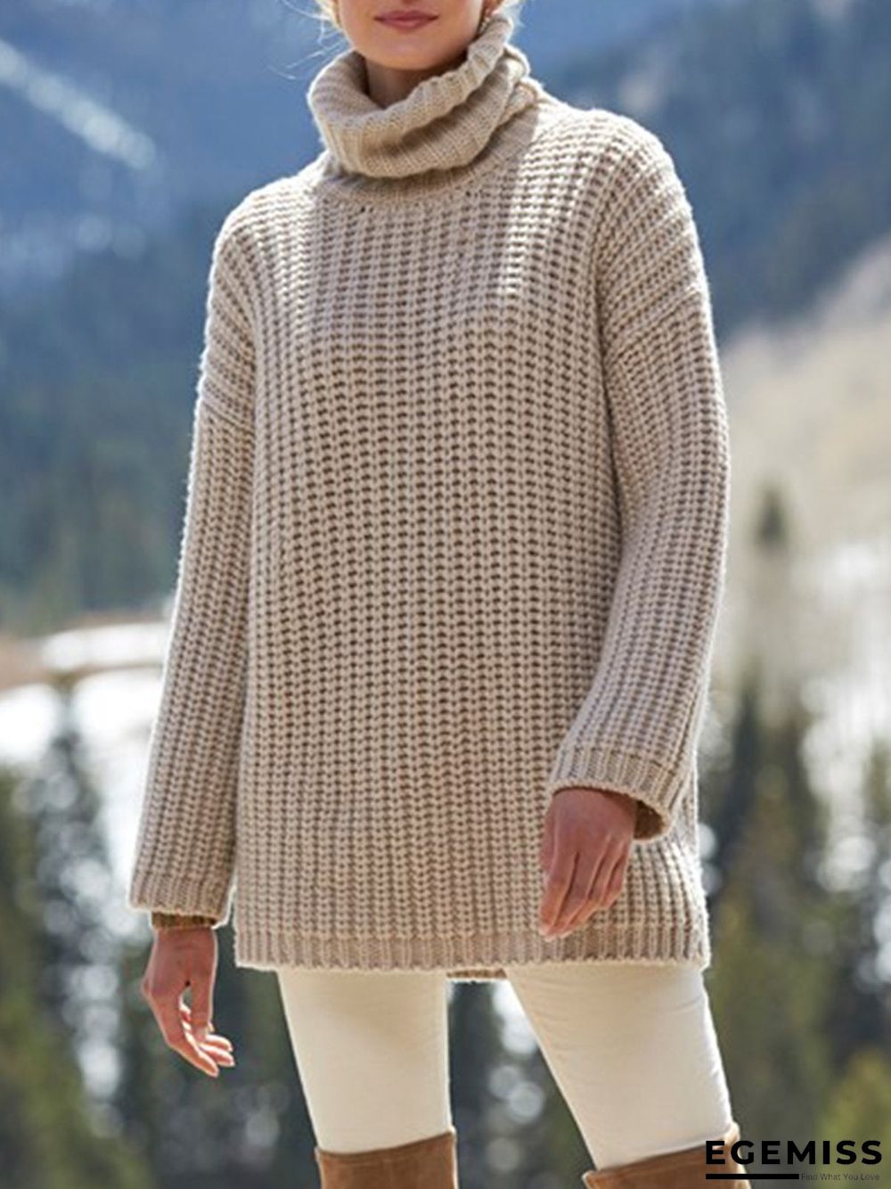 Apricot Long Sleeve Knitted Turtleneck plus size Sweater | EGEMISS
