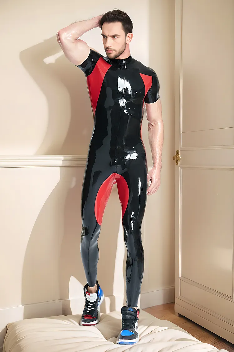 Men Latex Catsuits Short sleeved Black