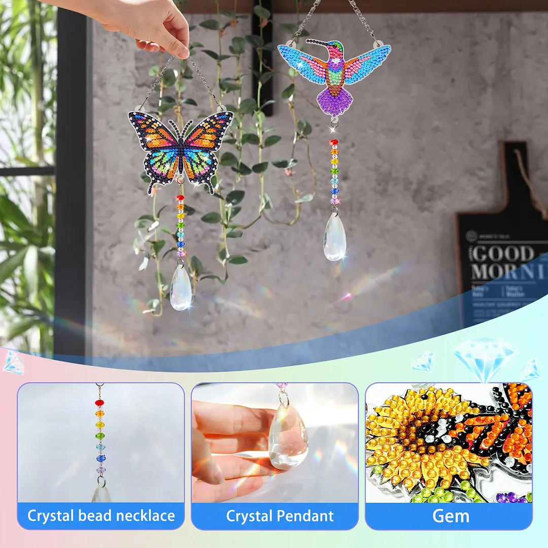 2Pcs Beautiful Butterflies and Hummingbirds DIY Double-Sided Diamond Painting Hanging Kits Diamond Painting Suncatcher Craft Kit for Home Garden Wall Decor Gift