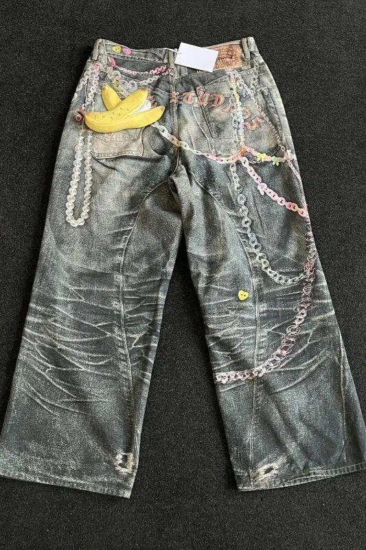 Punk Heavy Chain Print Floor-Length Denim Pants