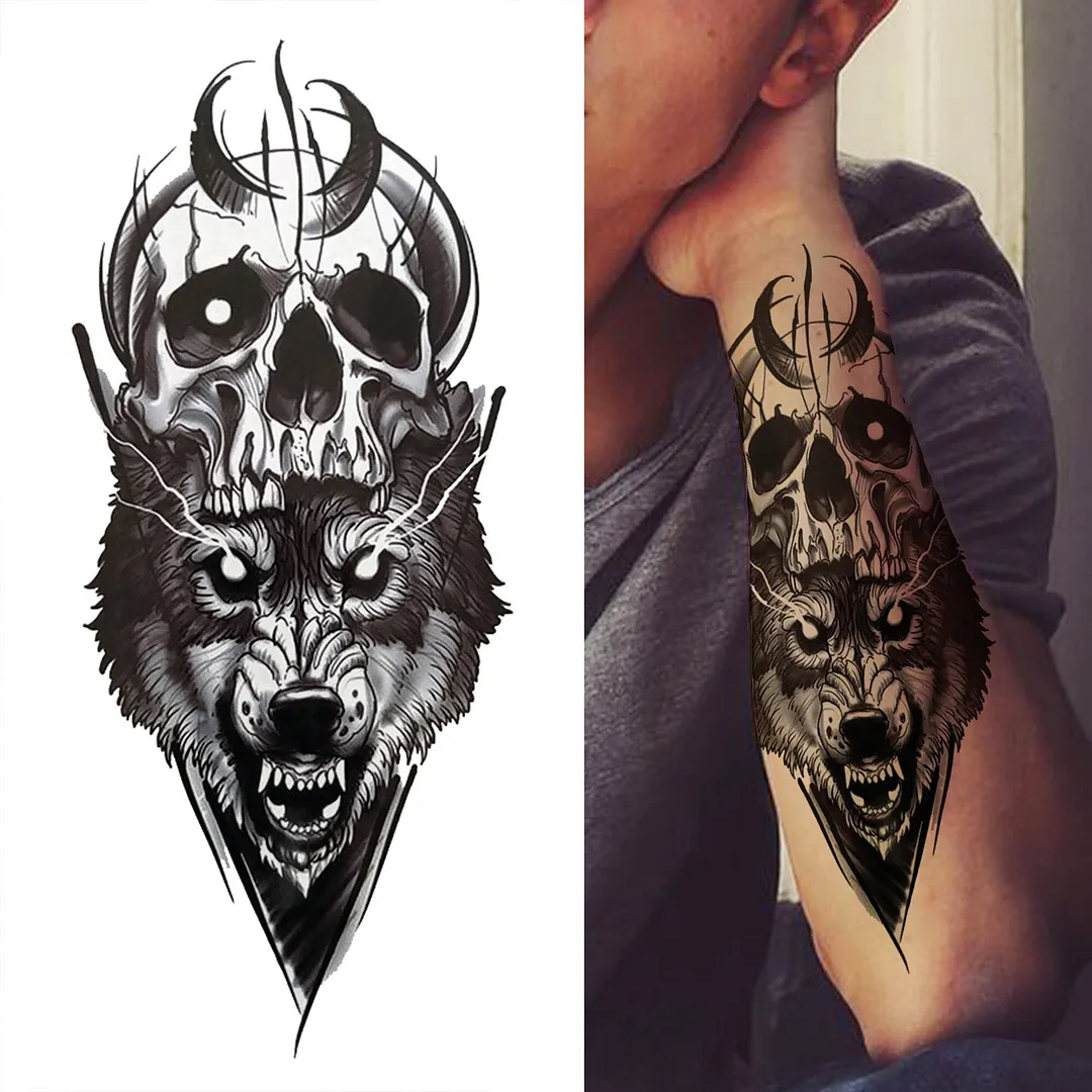 Cross Lion Temporary Tattoo For Women Men Adult Skull Tiger Wolf Forest Tattoo Sticker Black Fake Realistic Demon Tatoos Forearm 530