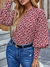 Cherry Print Round-Neck Loose Long Sleeve Hollow Casual Blouses&Shirts Tops