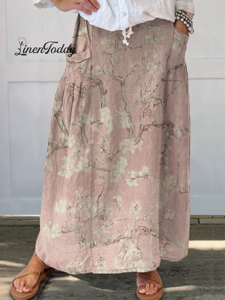 Women&rsquo;s Vintage Botanical Flower Print Linen Pocket Skirt Multicolor / S