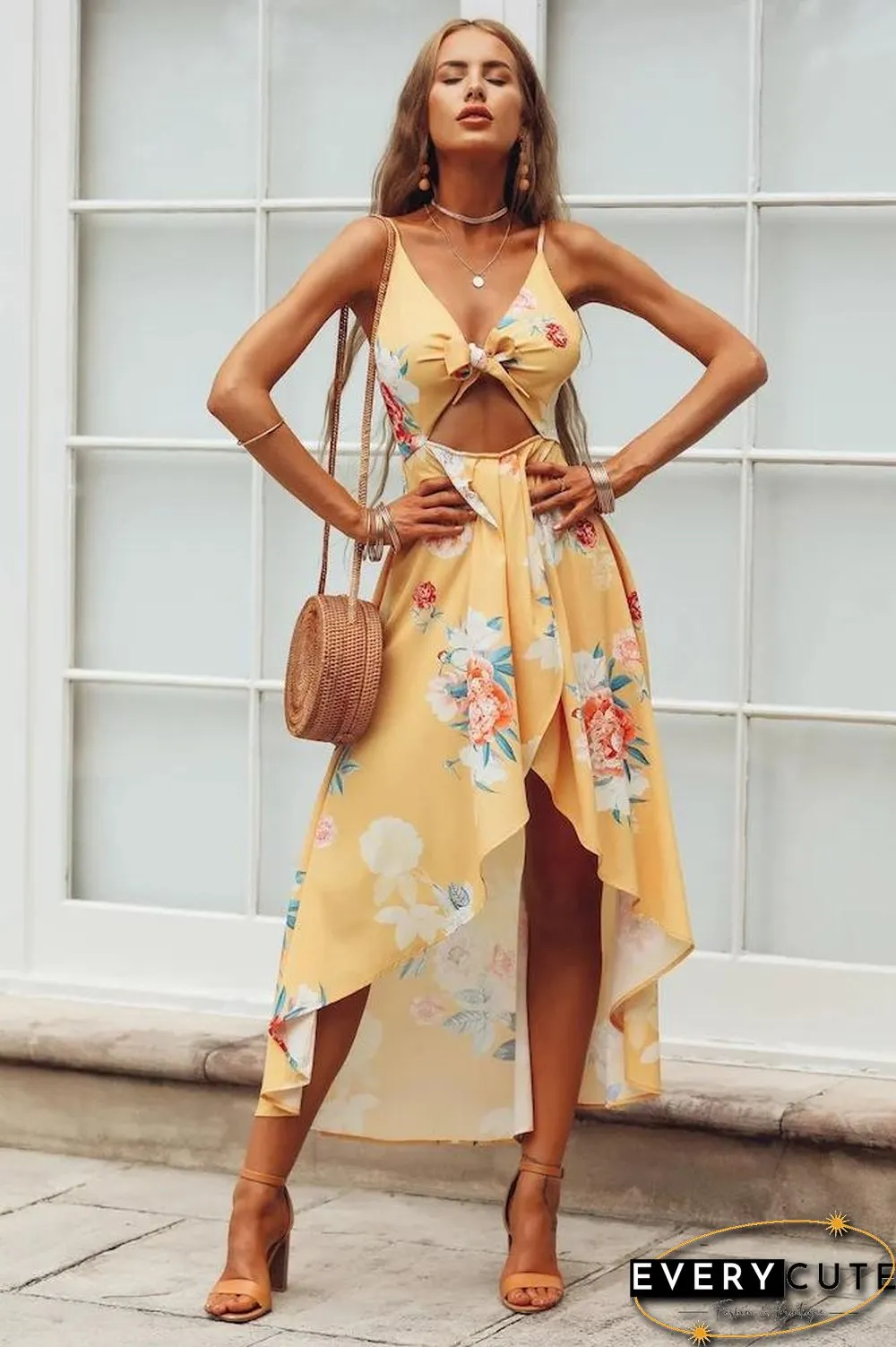 Pink Sleeveless Flowers Printed Irregular Hem Dress