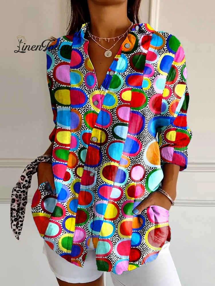 Women&rsquo;s Vintage Irregular Geometric Colorful Art Print Casual Cotton Shirt Multicolor / S