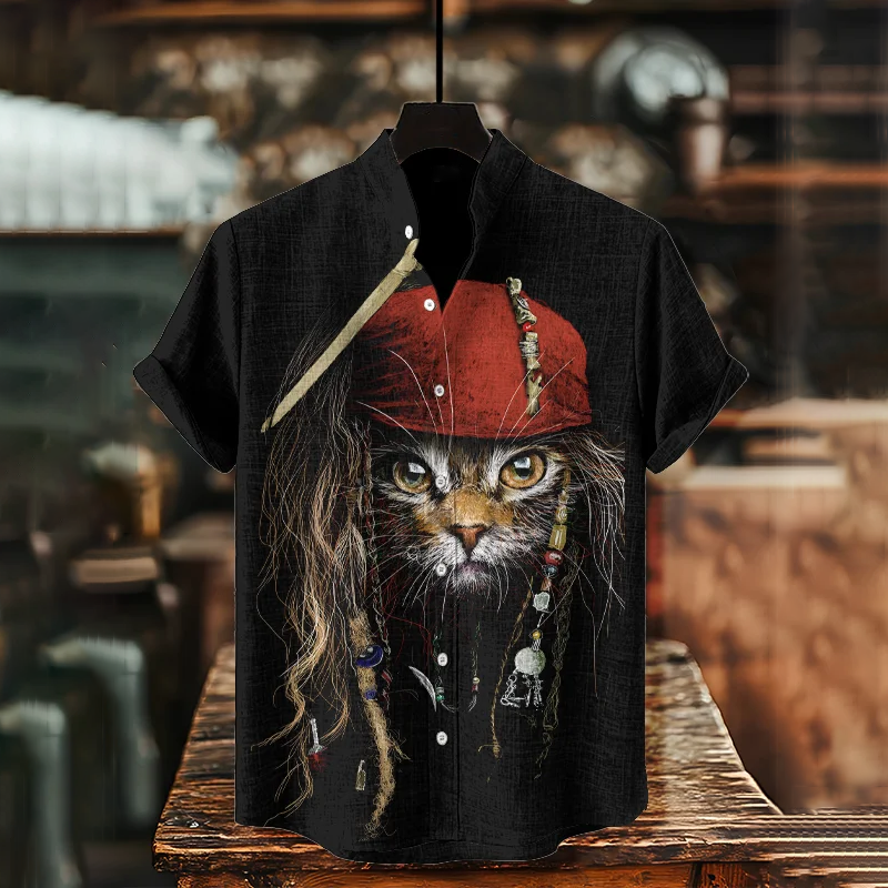 Men's Vintage Pirates Of The Caribbean Cats Art Linen Blend Cozy Shirt  artssus