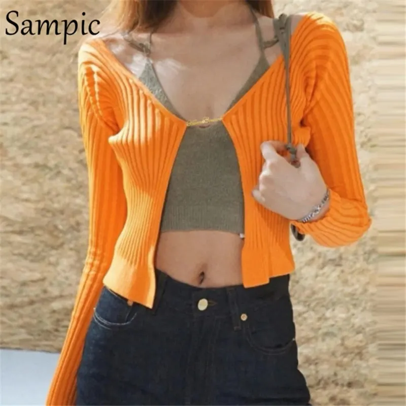 Sampic Casual Skinny Winter Long Sleeve Cropped Knitwear Fashion Basic Tops Women 2021 Knitted Green Sexy Y2K Cardigans Sweater