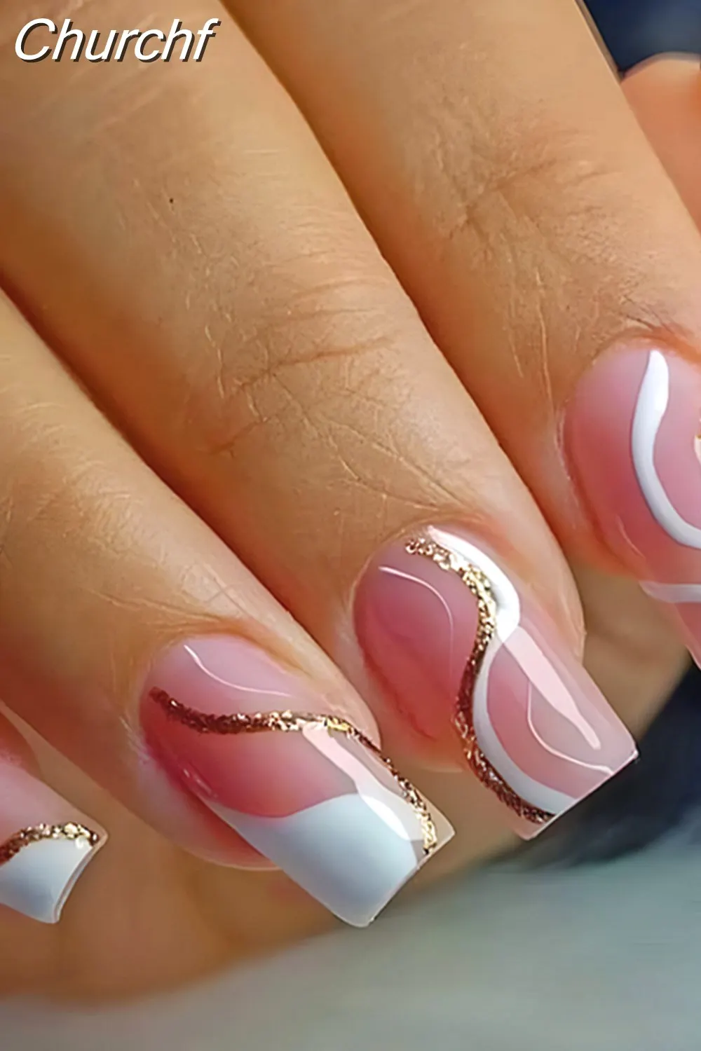 Churchf White Black Short False Nails with Rhinestone Design Fake Nails Press on Nails Acrylic Full Cover Nail Art Tips 1020-0-Nail Inspo