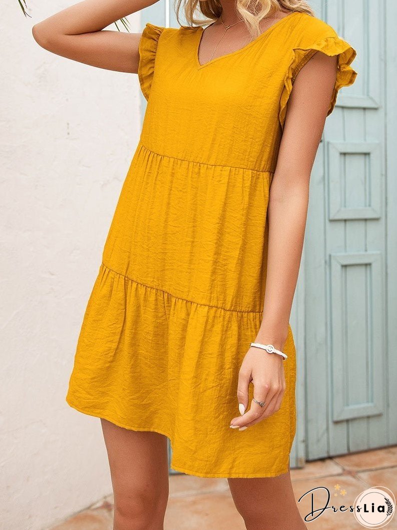 Loose V-neck Fungus Sleeve Mini Dress