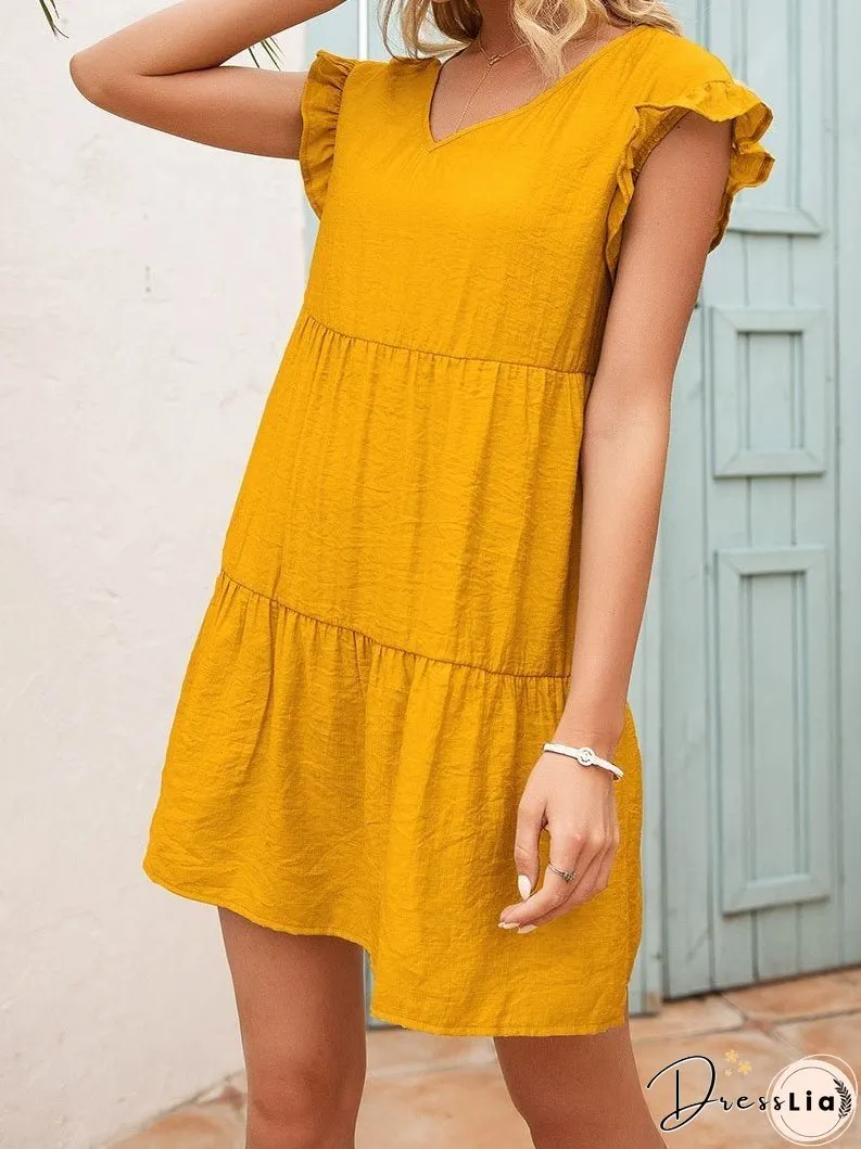 Loose V-neck Fungus Sleeve Mini Dress