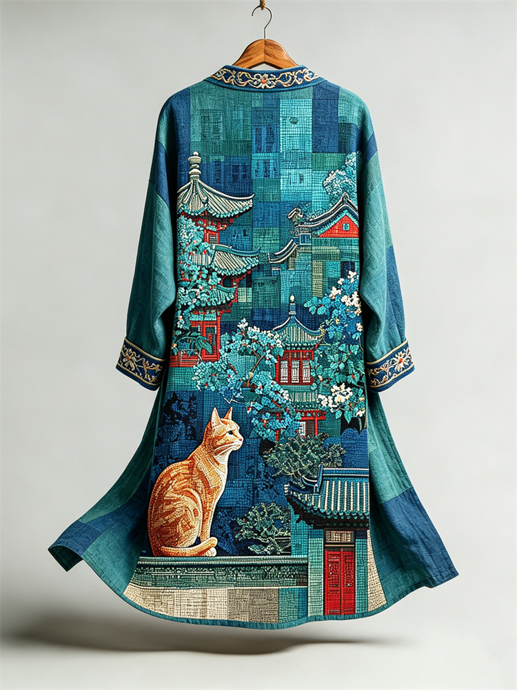 Cat & Japanese Traditional Scene Colorblock Linen Long Kimono elevenforest