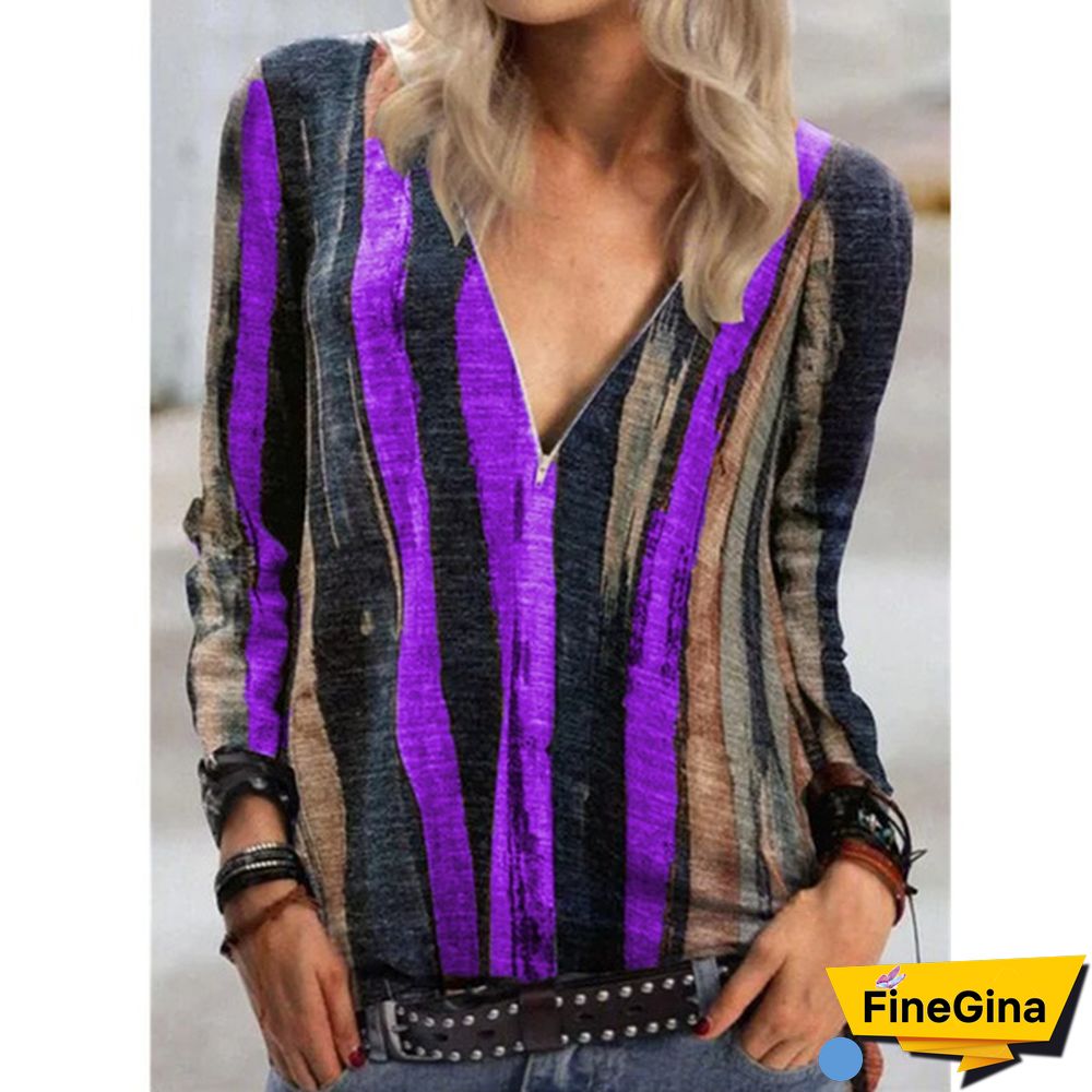Women's Fashion Plus Size Loose Tops Stripes Printed Deep V-neck Blouse Long Sleeve T-shirt