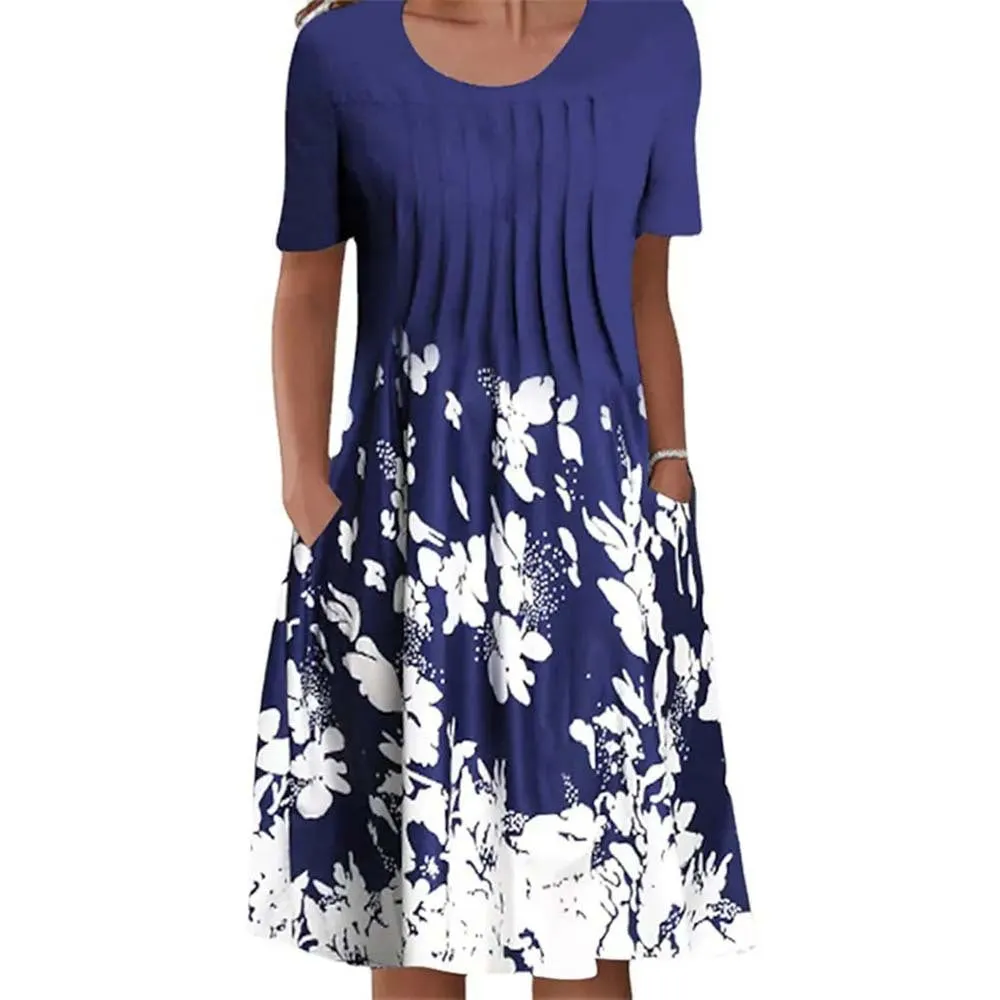 Brownm Floral Print Round Neck Pocket Mid-length Dresses