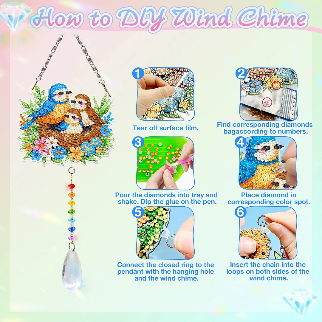 2Pcs Birds Family DIY Acrylic Diamond Painting Art Wind Chimes with Crystal Pendant Diamond Art Hanging Pendant Double-Sided for Adults Beginners Gift Home Garden Decor