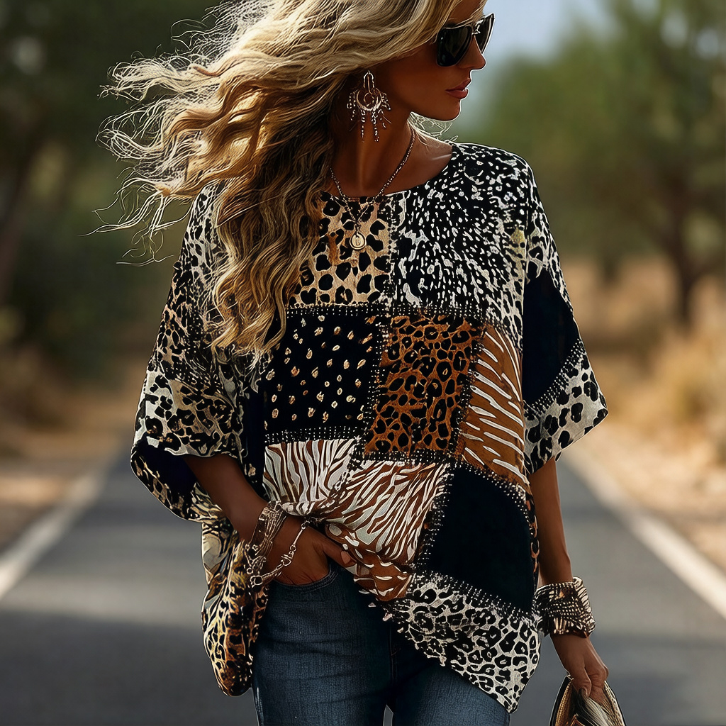 Comstylish Vintage Leopard And Animal Patchwork Art Pattern Linen Blend Loose Short Sleeve Tops