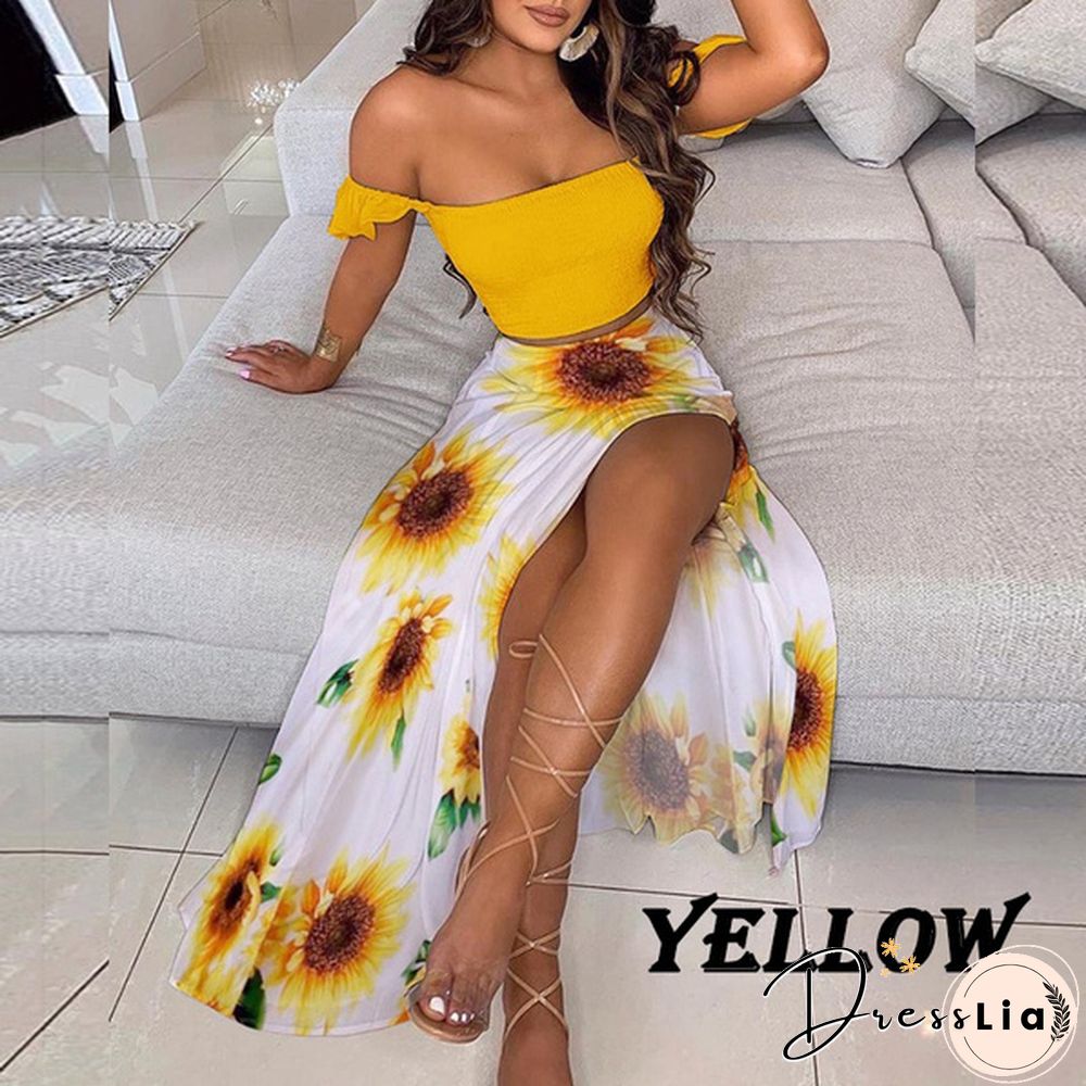 New Women's Sexy Tube Top Print Dress Split Long Skirt Summer Off-Shoulder Beach Dress Mini Skirt Set Plus Size
