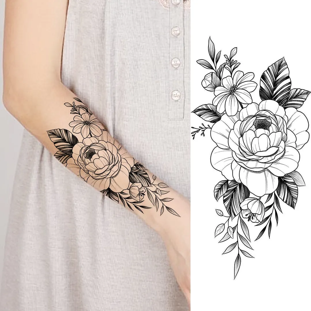 Black Rose Flower Snake Temporary Tattoos For Women Adult Peony Serpent Fake Tattoo Forearm Body Art Painting Waterproof Tatoos