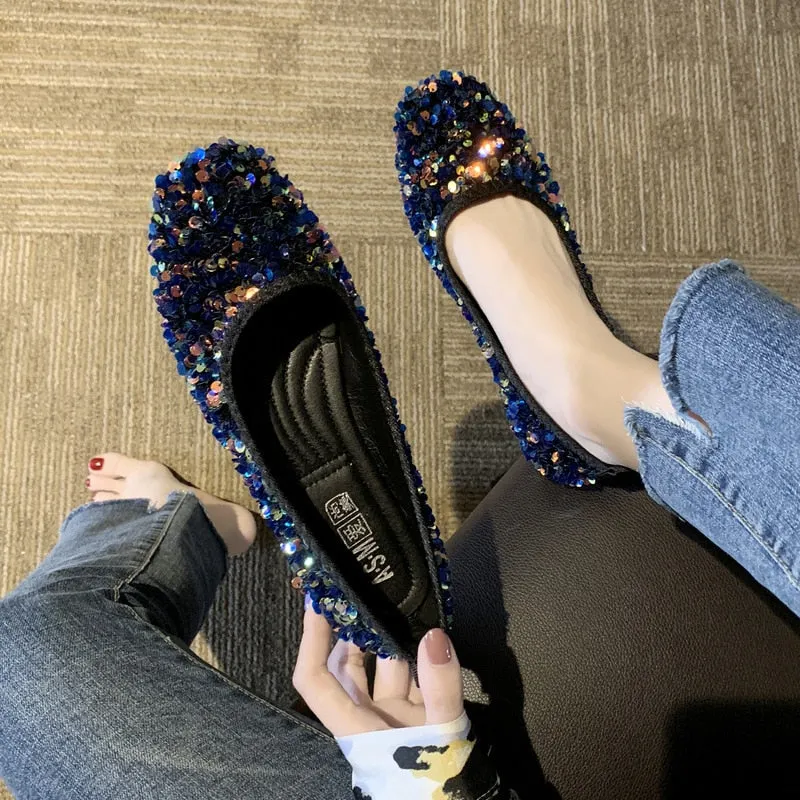Women's shoes new spring and autumn shoes shallow mouth set of flat shoes women's bean shoes women's sequins single shoe woman