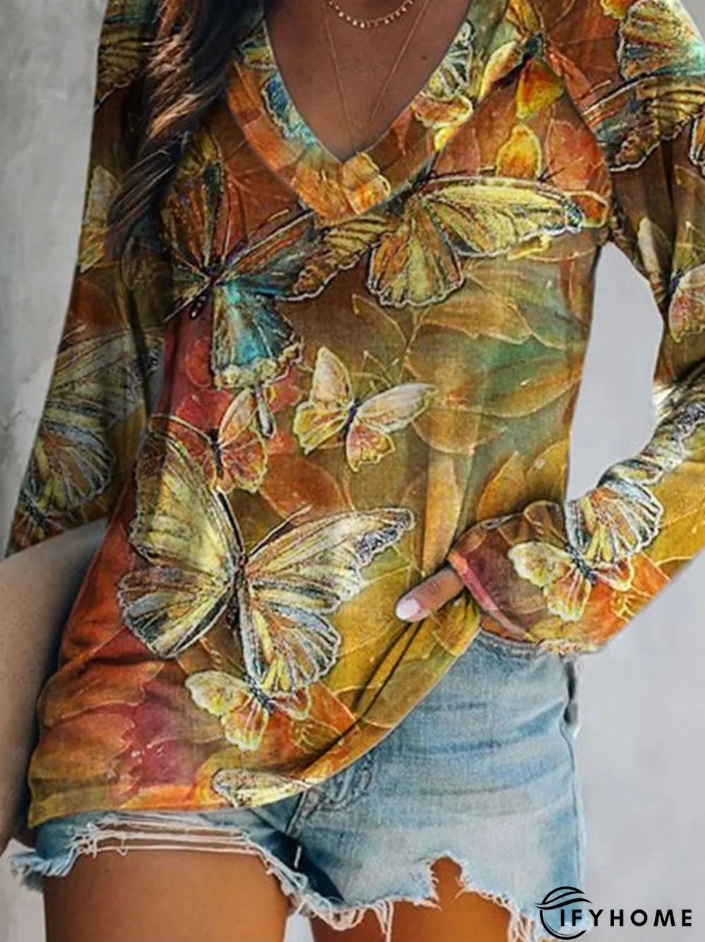 Butterfly Printed Casual Loosen V Neck T-shirt | IFYHOME
