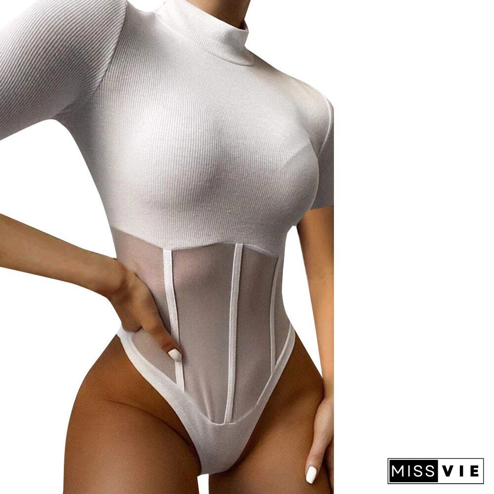 Women's Solid Short Sleeve Sheer Mesh Bodysuit Female Stretchy Jumpsuit Body Tops for Ladies Sexy Transparent Bodysuits D30