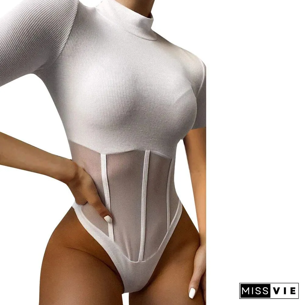 Women's Solid Short Sleeve Sheer Mesh Bodysuit Female Stretchy Jumpsuit Body Tops for Ladies Sexy Transparent Bodysuits D30
