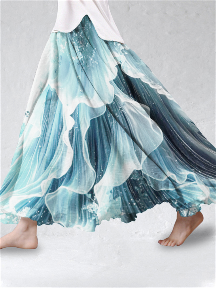 Comstylish Sea Waves Fishtail Inspired Glitter Flowy Wide Skirt