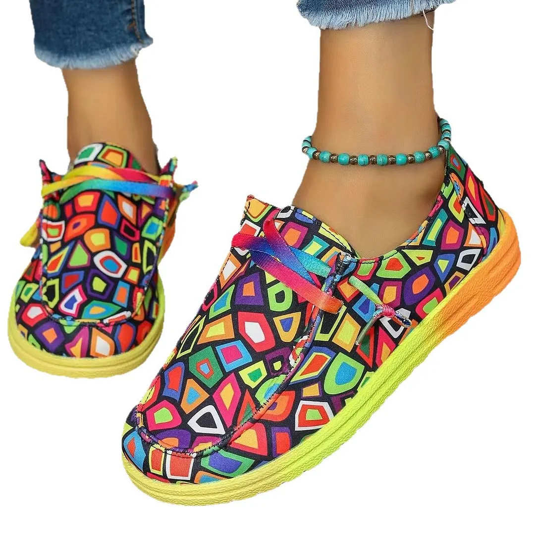 Breakj Breakj New Large-Size Lace With Color Low-Top Single Shoes Women Graffiti Slacker Canvas Flat-Soled Single Shoes