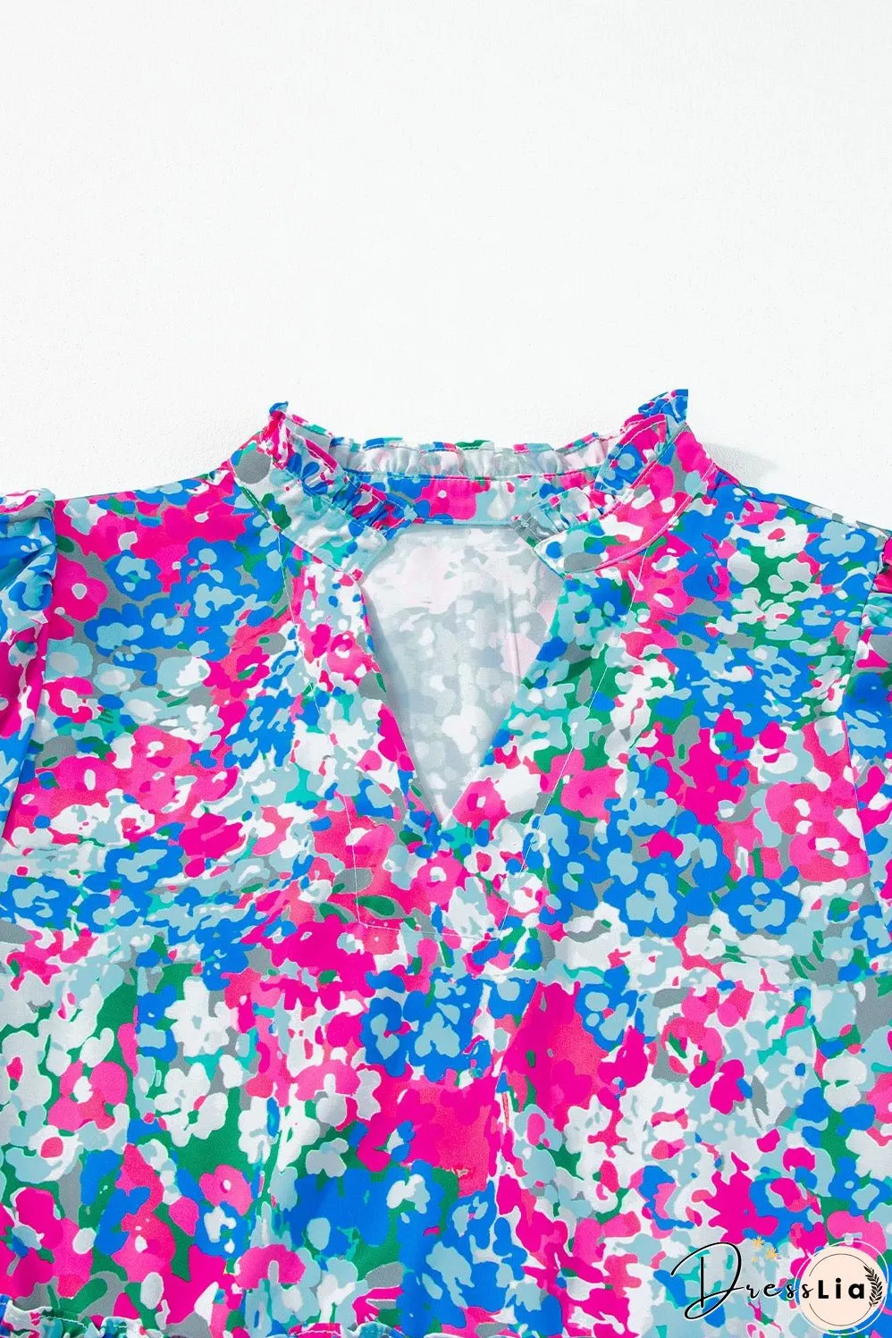 Multicolour Floral Short Sleeve V Neck Tiered Mini Dress