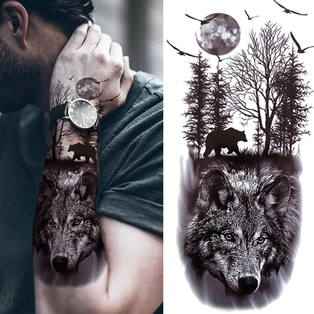Sexy Rose Lion Flower Temporary Tattoos For Women Men Kids Boys Realistic Fake Wolf Tattoo Sticker Black Cross Compass Tatoos 1108-1