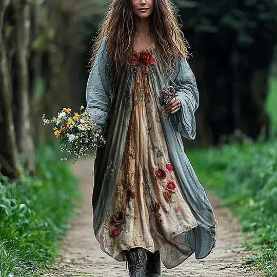 Vintage Roses Floral Flowy Linen Blend Maxi Dress