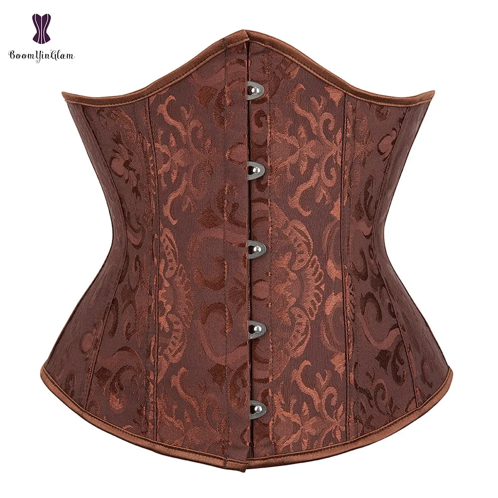 Jacquard Floral Underbust Corset Pink Blue Black White Coffee Lace Up Boned Waist Cincher Shaper Outfit