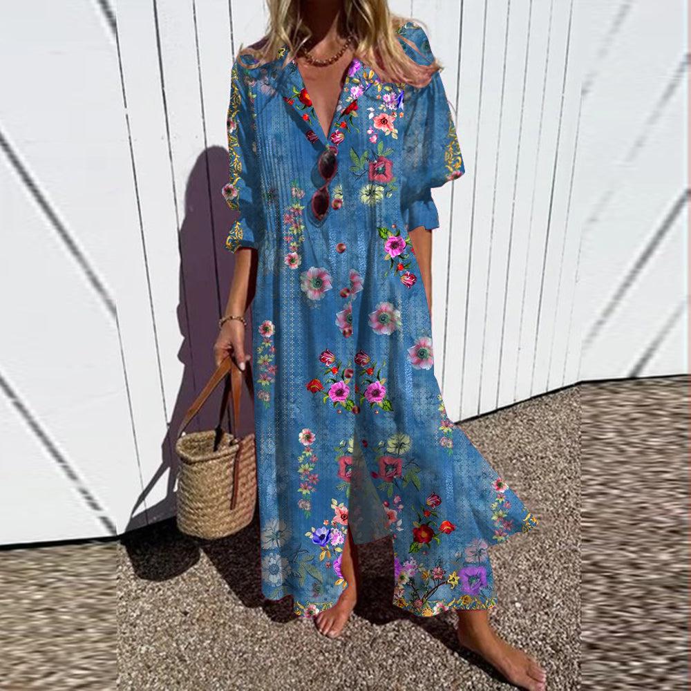 Fresh Floral Print V-Neck Maxi Dress