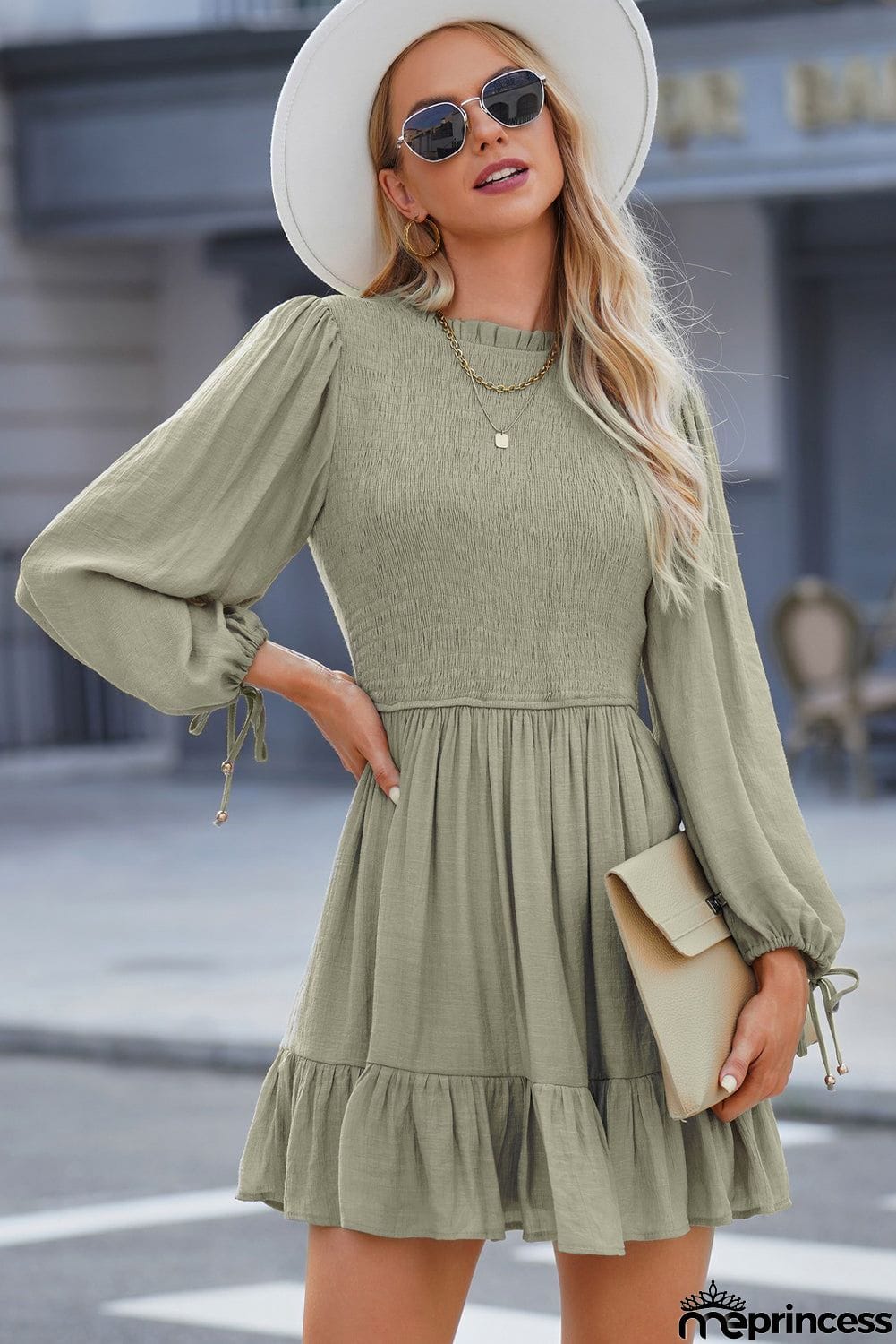 Smocked Tied Balloon Sleeve Mini Dress