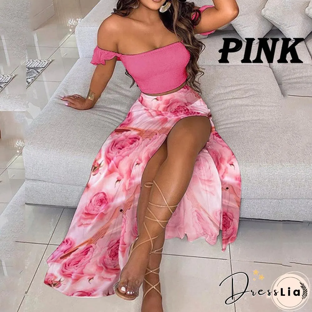 New Women's Sexy Tube Top Print Dress Split Long Skirt Summer Off-Shoulder Beach Dress Mini Skirt Set Plus Size
